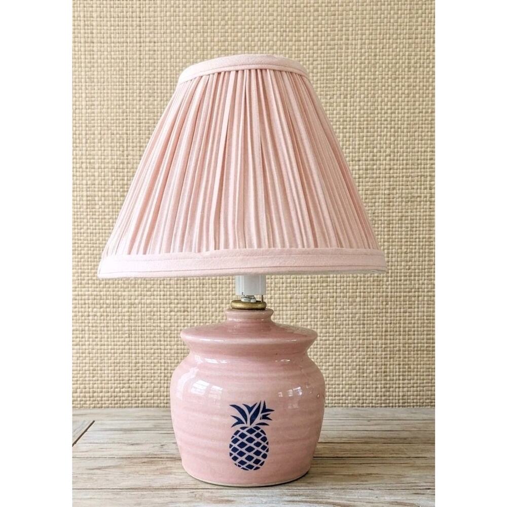 Vtg 80s Pink Ceramic Table Lamp Pleated Shade Pineapple Cottage Pottery Small